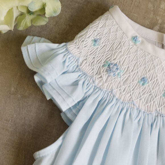 Smocked Blue and White Heirloom Romper Boutique Pin Tucks Bullion Embroidery NWT - Picture 3 of 5